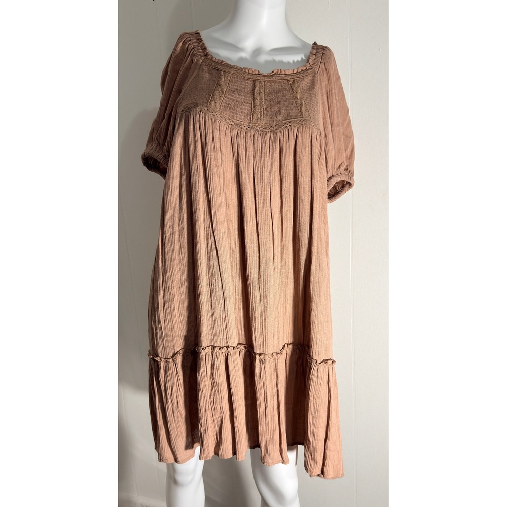 In Loom Womens Smocked Lace Trim Babydoll Mini Dress Taupe Brown Cottagecore - Picture 2 of 8